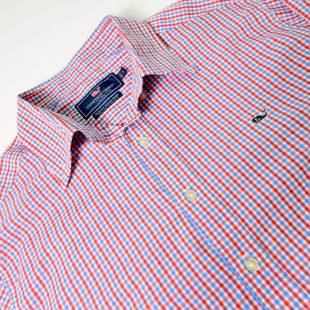 Vineyard Vines Slim Fit Whale Shirt Red Blue Gingham Button Down Size L